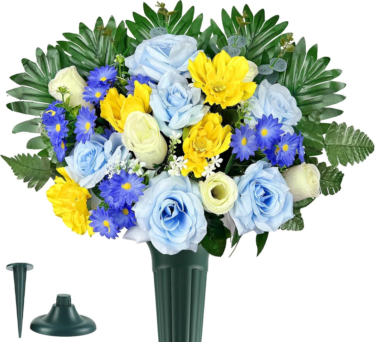 Artificial Cemetery Flowers for Grave Vase - Blue Rose, Daisy & Cosmos Silk Bouquet - 24" Large UV Resistant Memorial Flower Arrangement - Windproof Graveside Decor with Vase & Butterflies (1 Pack)